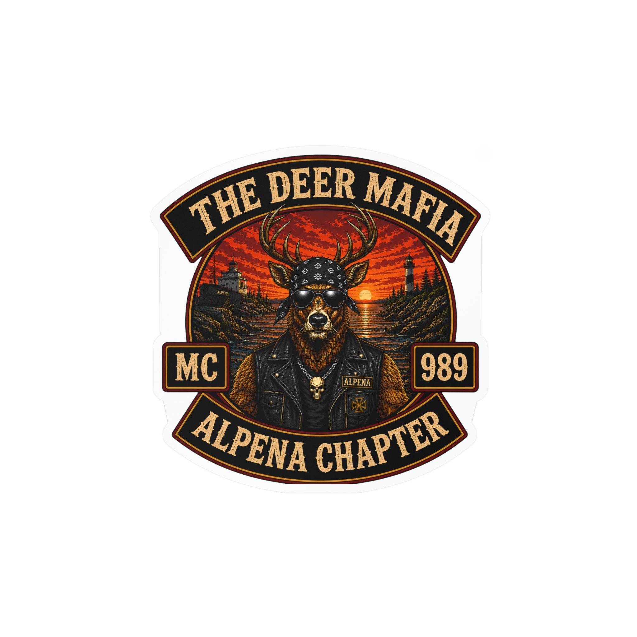 Deer Mafia Alpena Chapter Kiss-Cut Vinyl Decal — Biker Skull Emblem Sticker