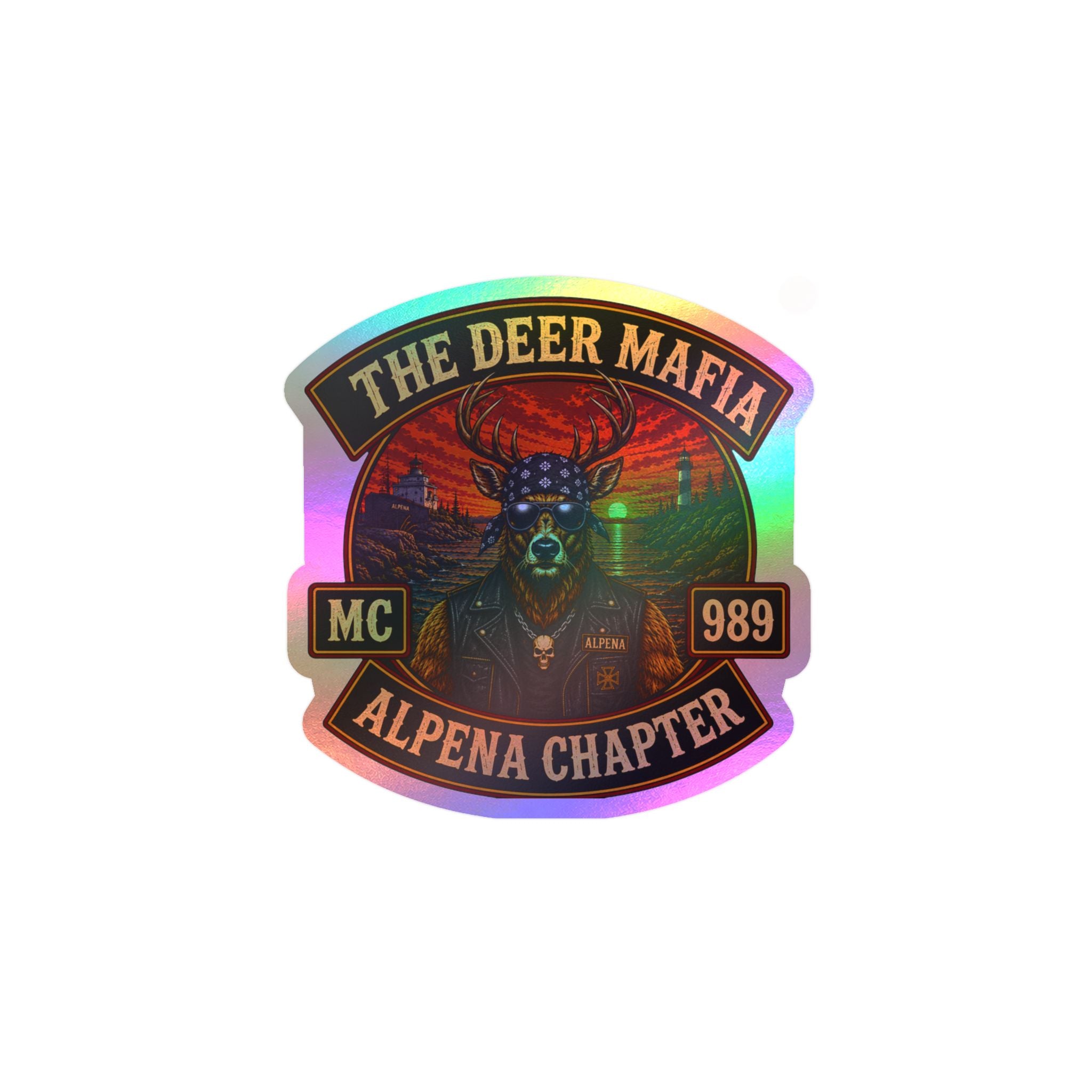 Deer Mafia Alpena Chapter Kiss-Cut Vinyl Decal — Biker Skull Emblem Sticker