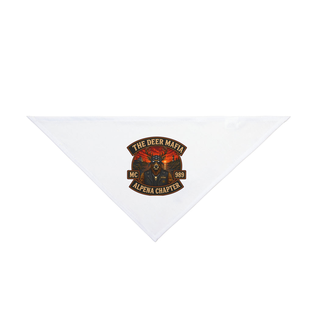 The Deer Mafia Alpena Chapter Pet Bandana — Rustic Deer Skull Motorcycle Patch Design for Dogs & Cats