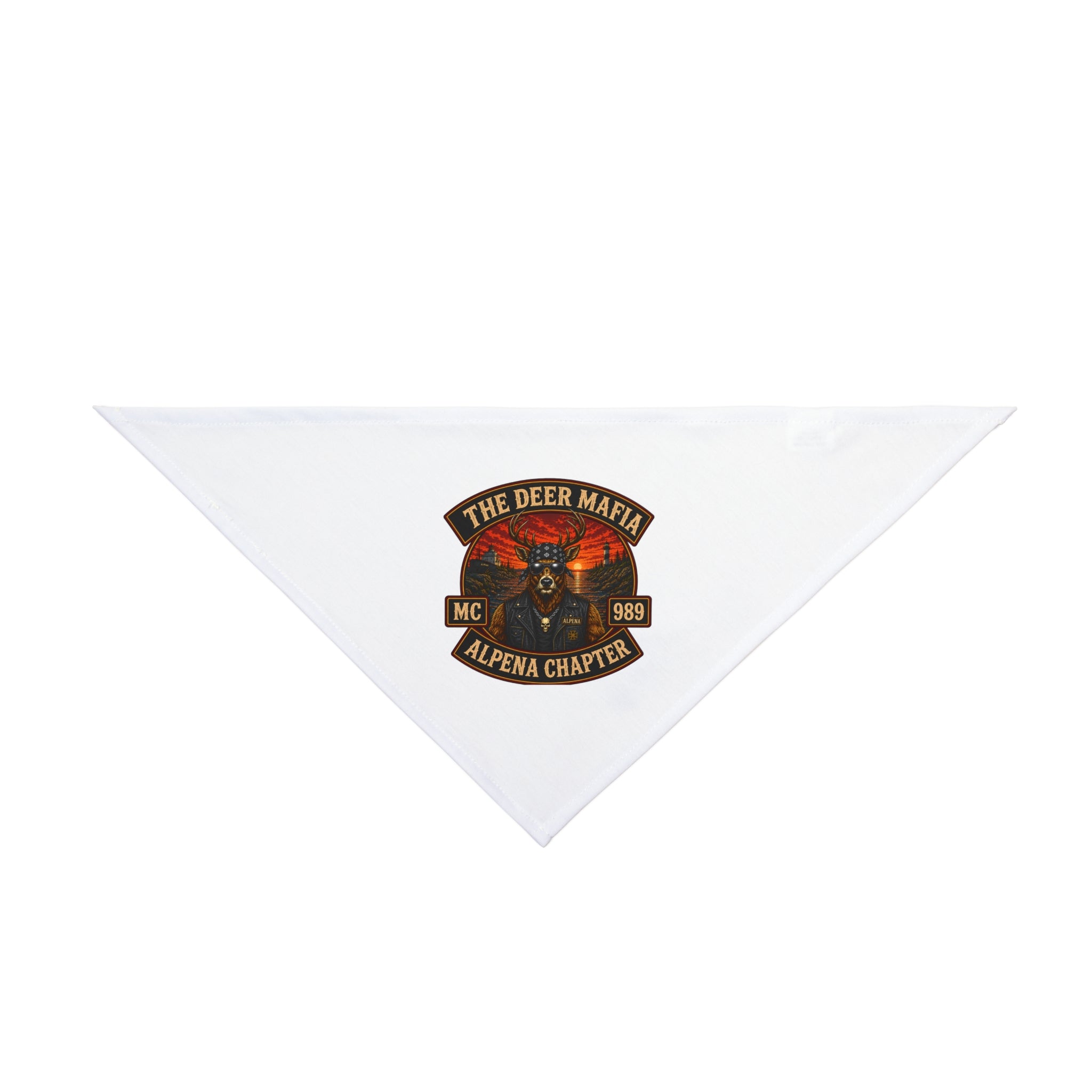 The Deer Mafia Alpena Chapter Pet Bandana — Rustic Deer Skull Motorcycle Patch Design for Dogs & Cats