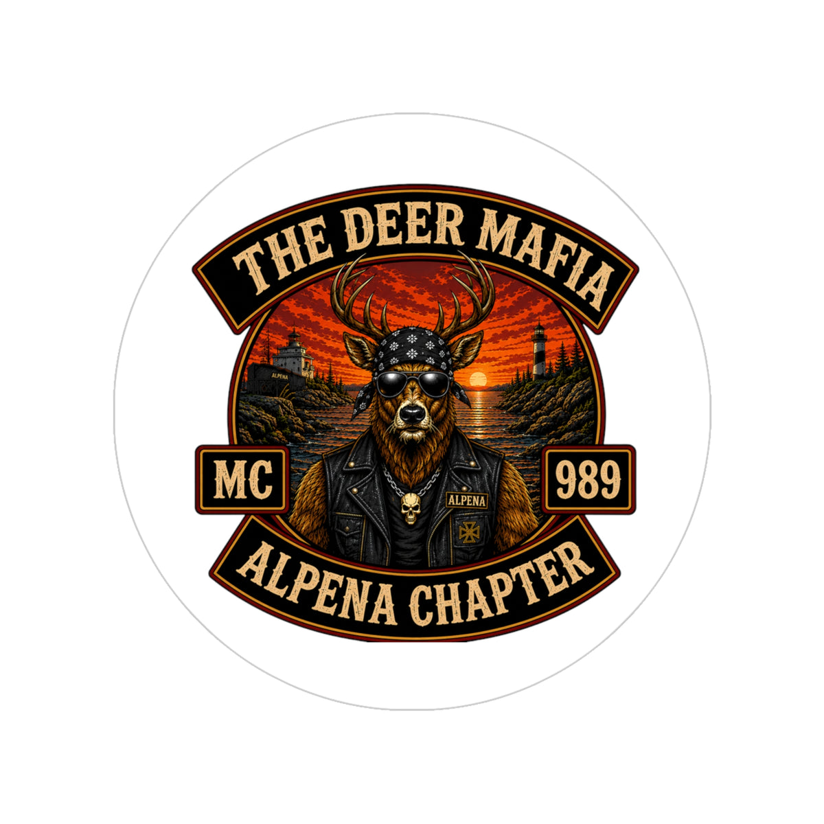 The Deer Mafia Alpena Chapter Round Outdoor Sticker — Vintage Biker Deer Design