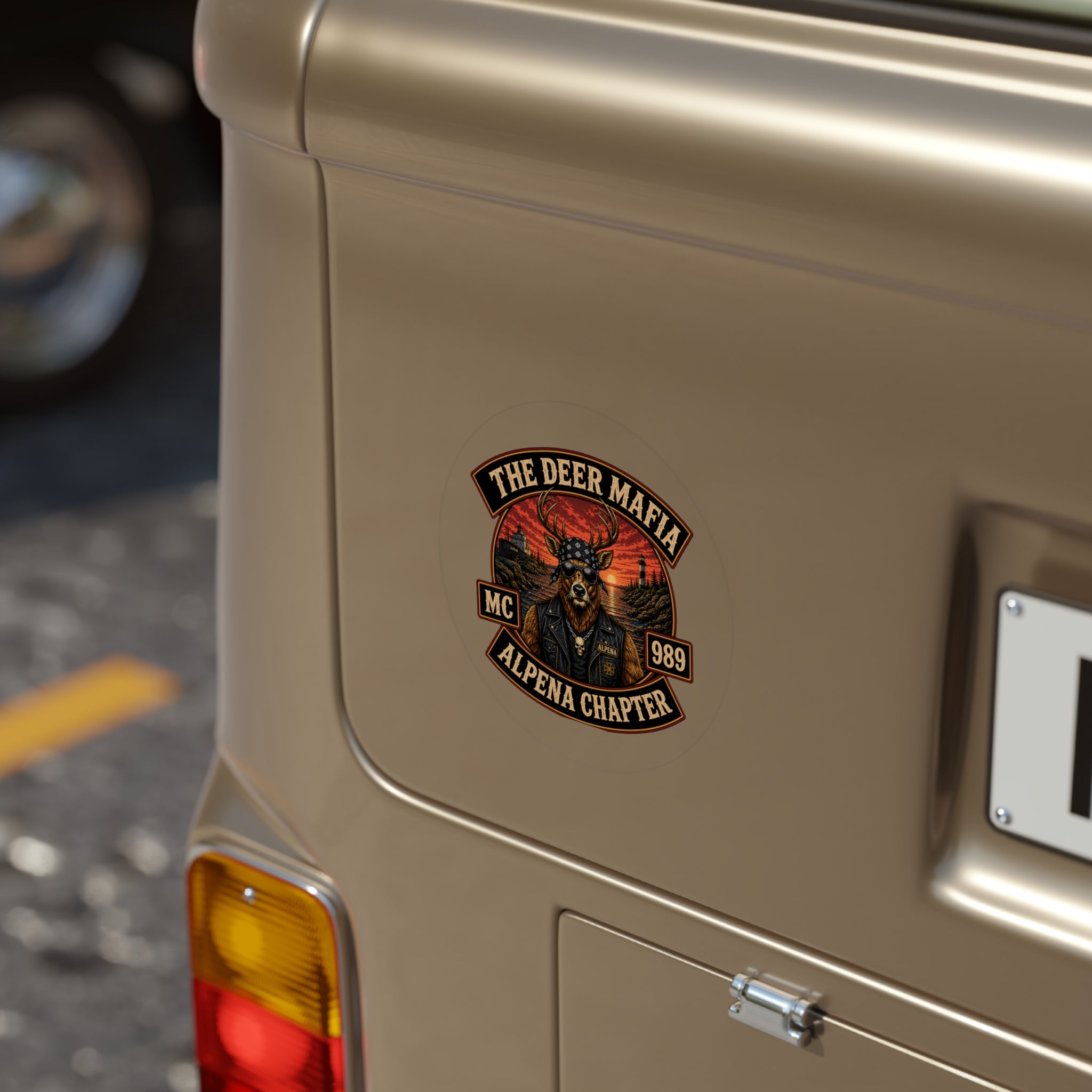 The Deer Mafia Alpena Chapter Round Outdoor Sticker — Vintage Biker Deer Design