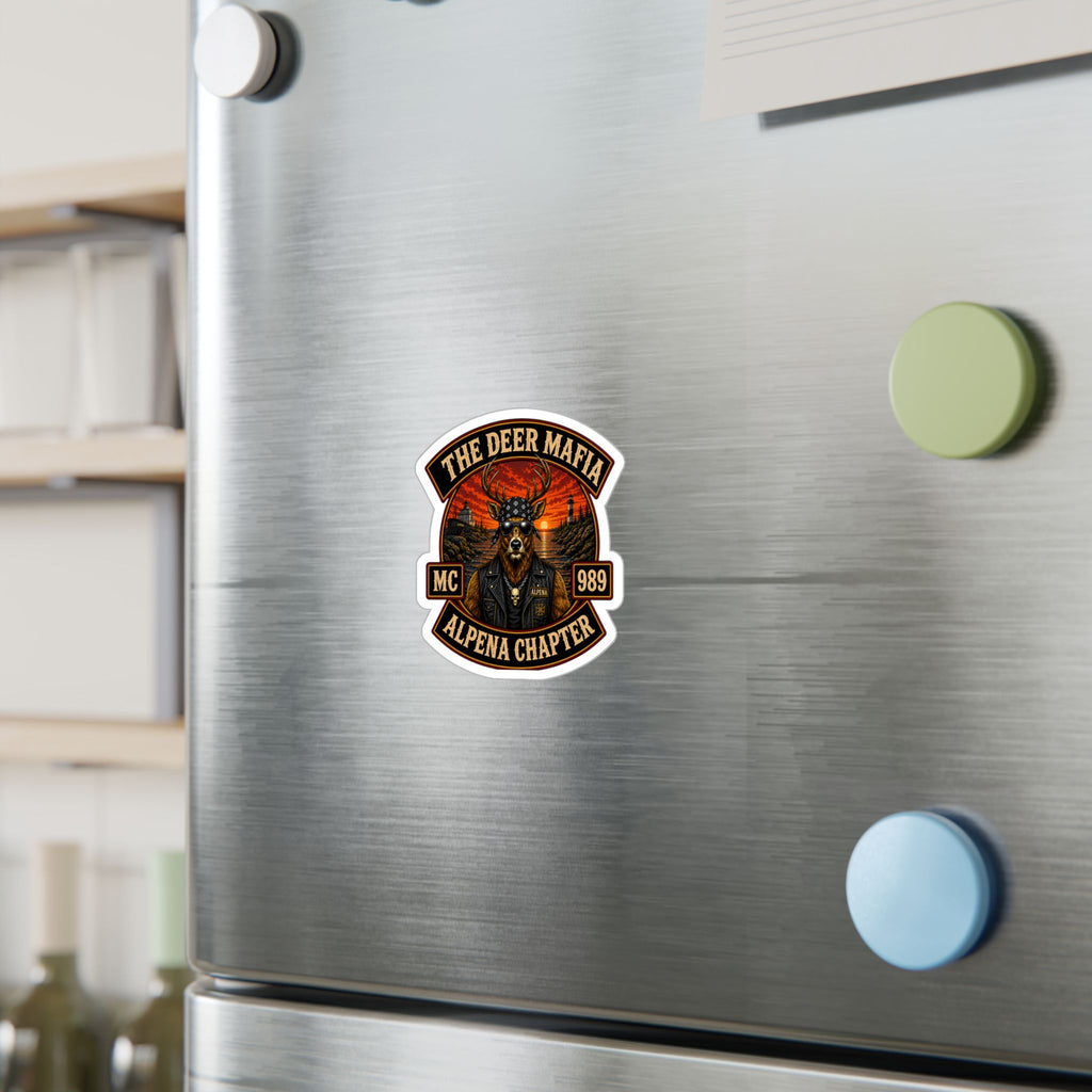 Deer Mafia Alpena Chapter Kiss-Cut Vinyl Decal — Biker Skull Emblem Sticker