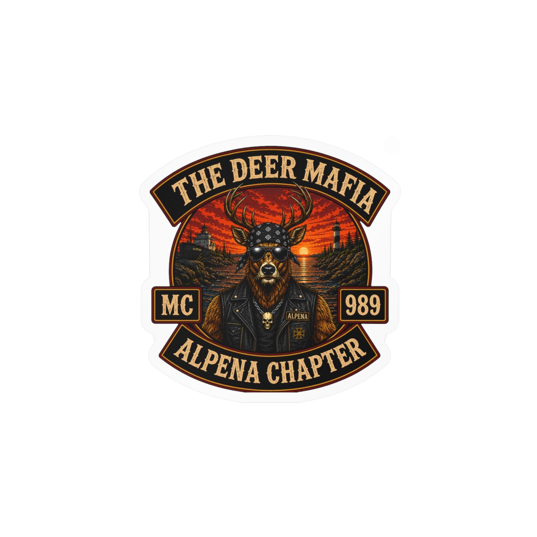 Deer Mafia Alpena Chapter Kiss-Cut Vinyl Decal — Biker Skull Emblem Sticker