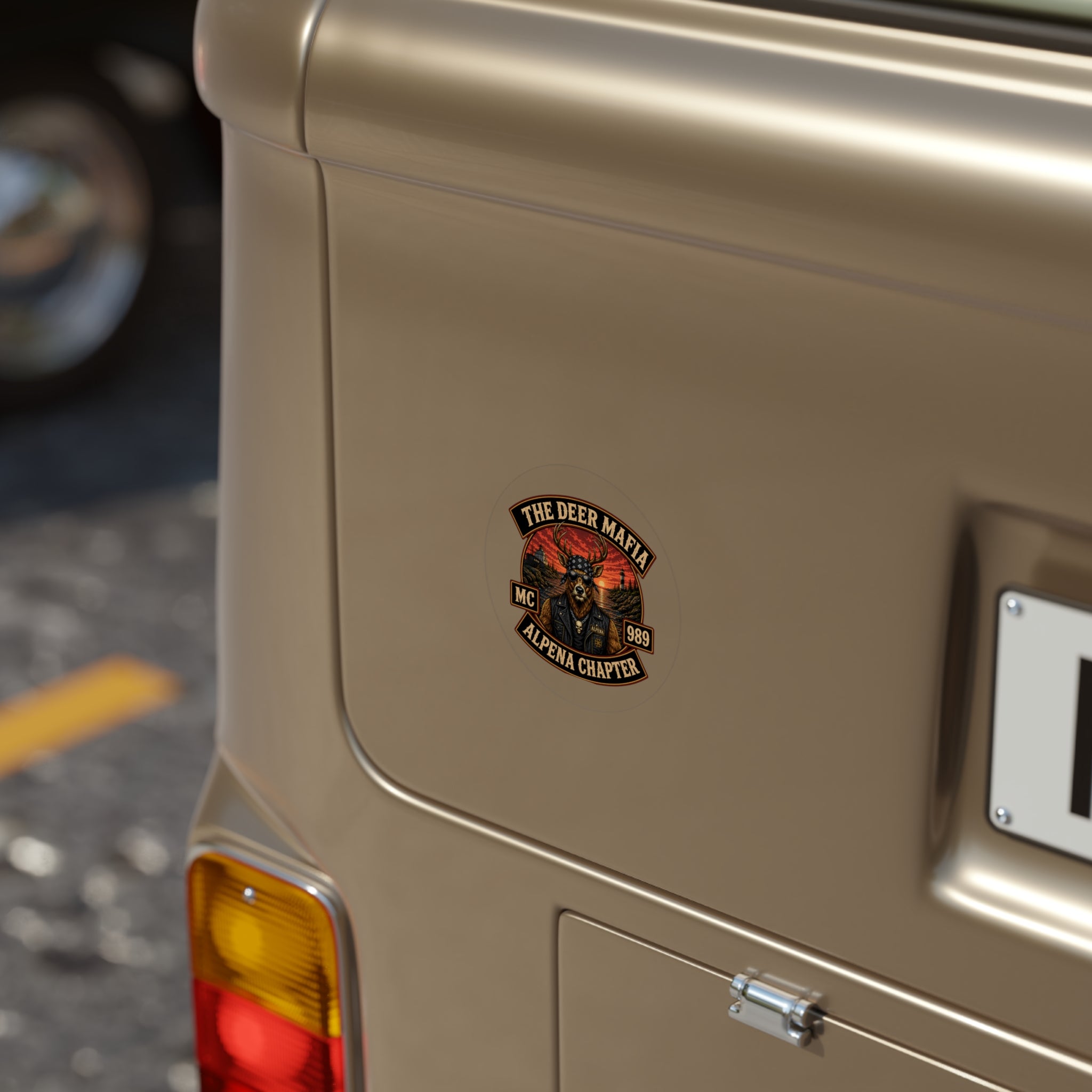 The Deer Mafia Alpena Chapter Round Outdoor Sticker — Vintage Biker Deer Design