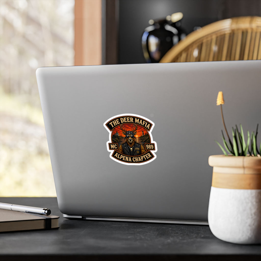 Deer Mafia Alpena Chapter Kiss-Cut Vinyl Decal — Biker Skull Emblem Sticker
