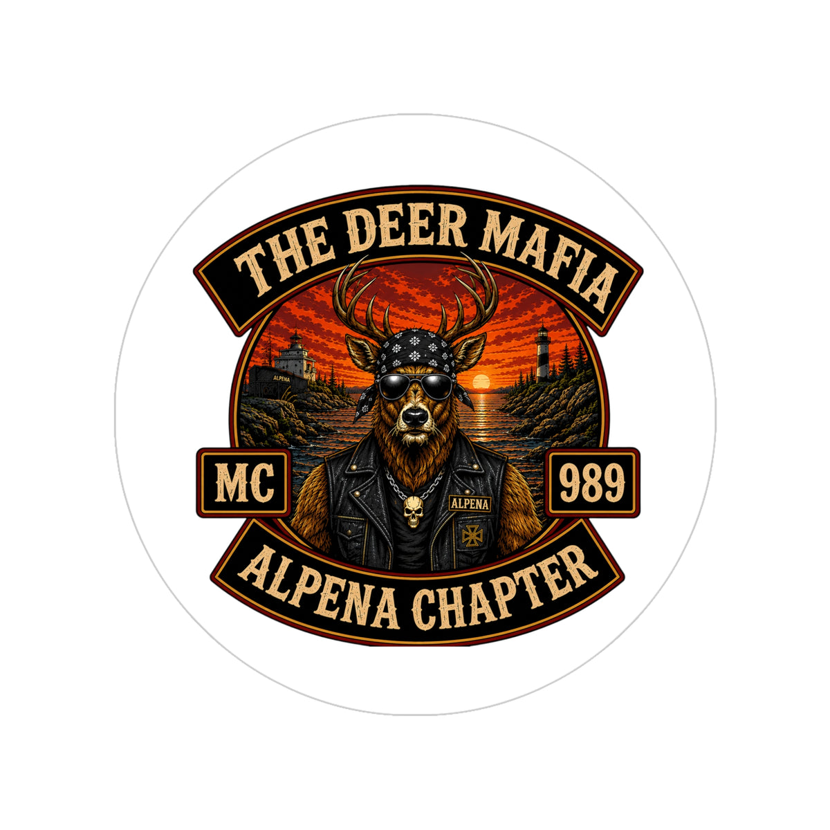 The Deer Mafia Alpena Chapter Round Outdoor Sticker — Vintage Biker Deer Design