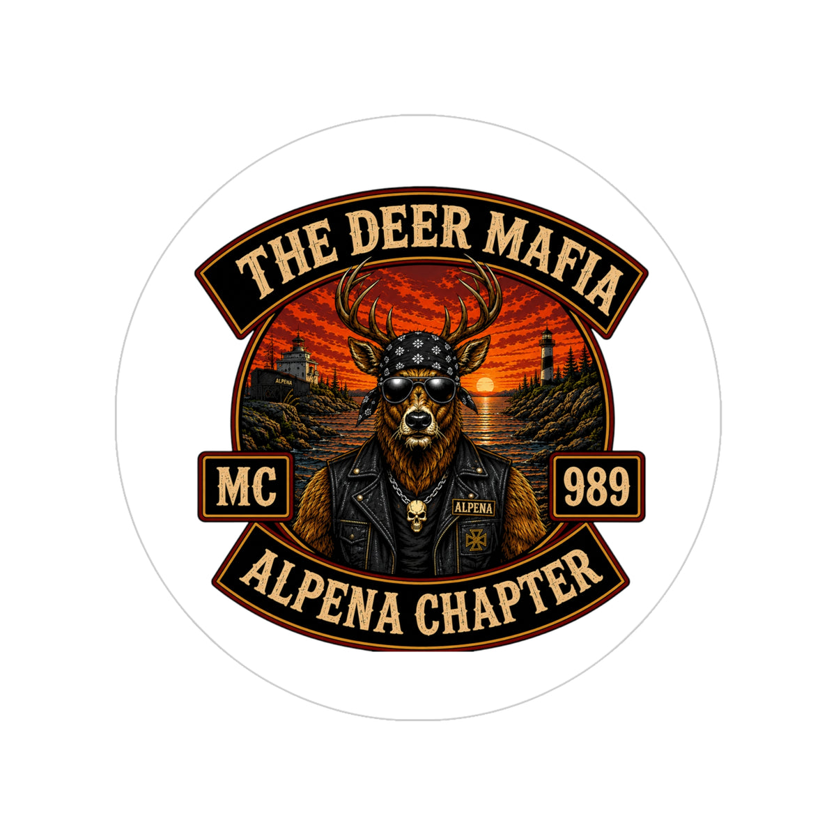 The Deer Mafia Alpena Chapter Round Outdoor Sticker — Vintage Biker Deer Design
