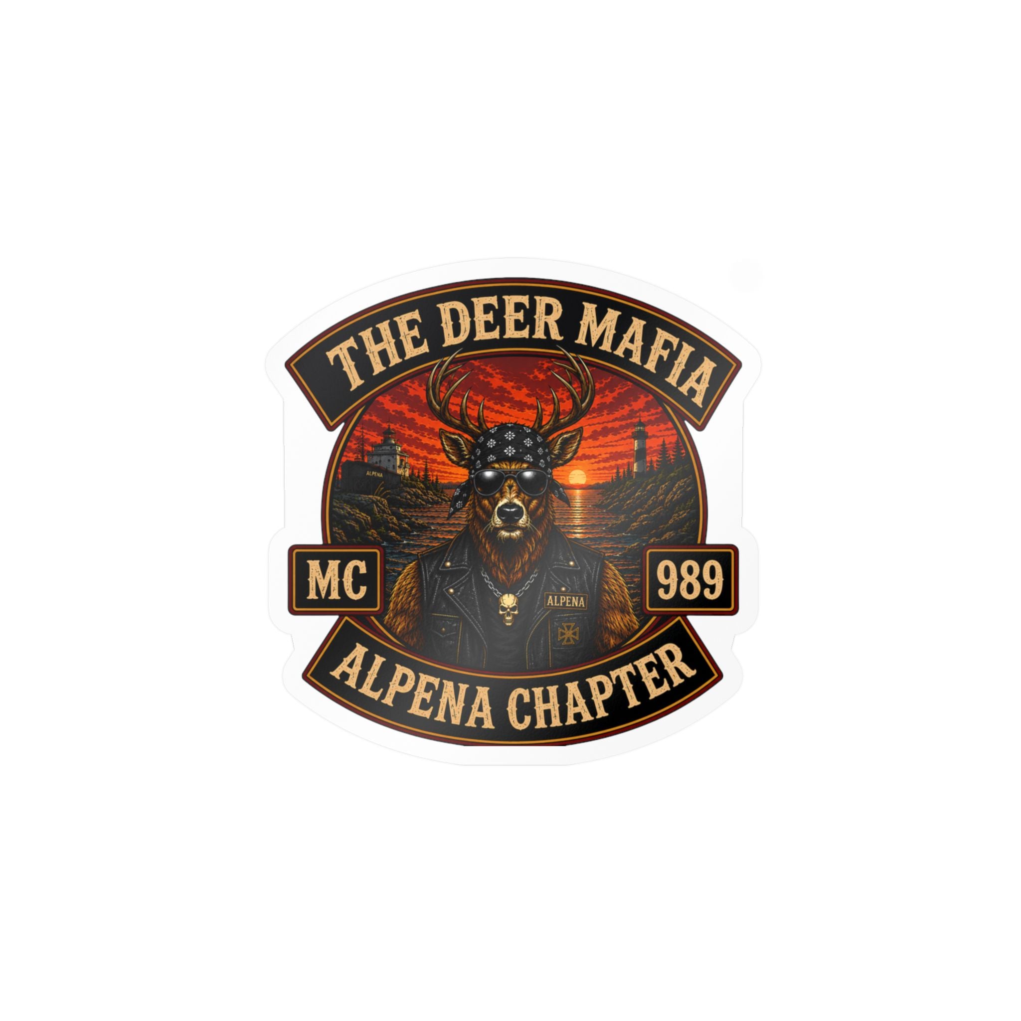 Deer Mafia Alpena Chapter Kiss-Cut Vinyl Decal — Biker Skull Emblem Sticker