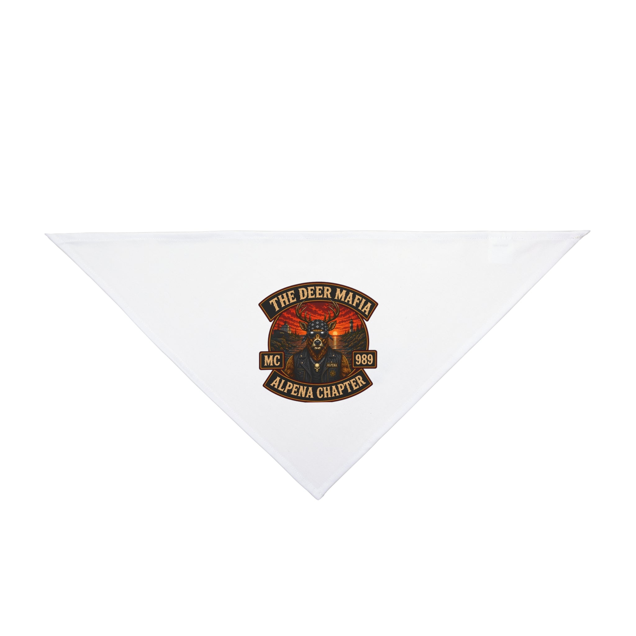 The Deer Mafia Alpena Chapter Pet Bandana — Rustic Deer Skull Motorcycle Patch Design for Dogs & Cats