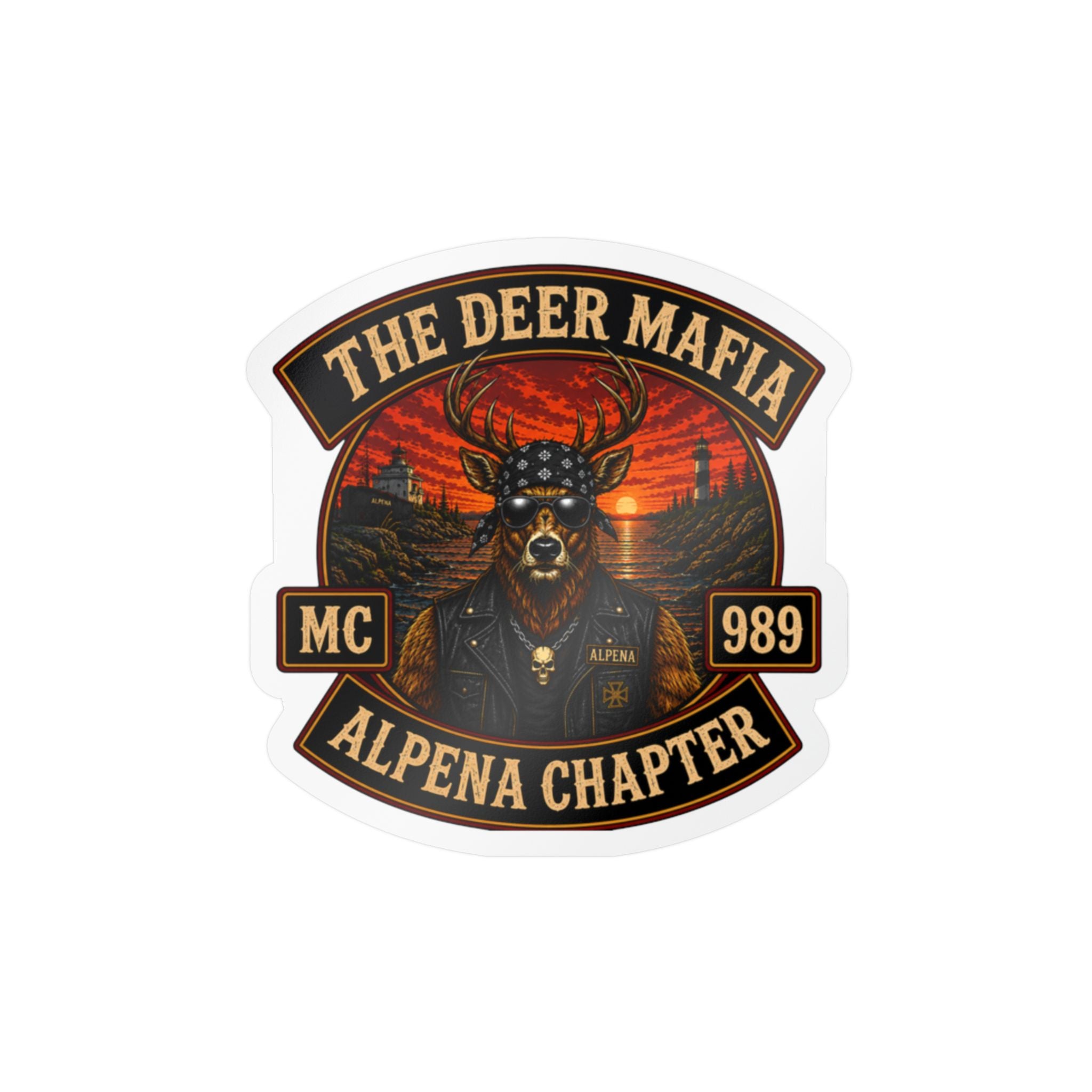 Deer Mafia Alpena Chapter Kiss-Cut Vinyl Decal — Biker Skull Emblem Sticker