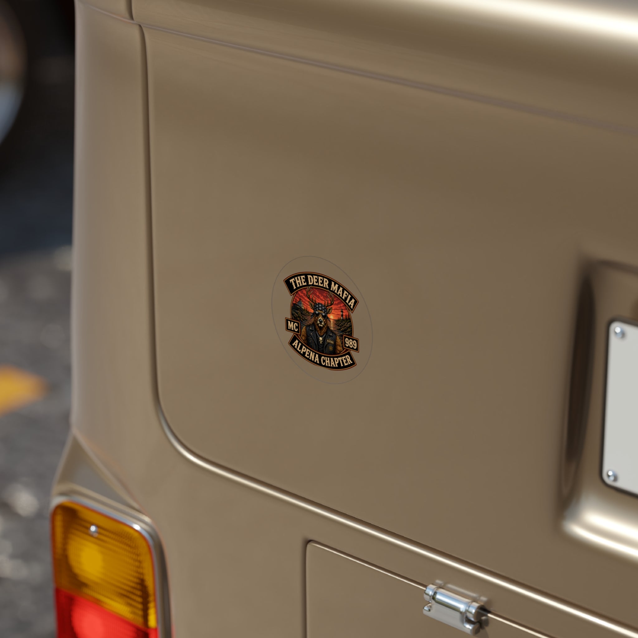 The Deer Mafia Alpena Chapter Round Outdoor Sticker — Vintage Biker Deer Design
