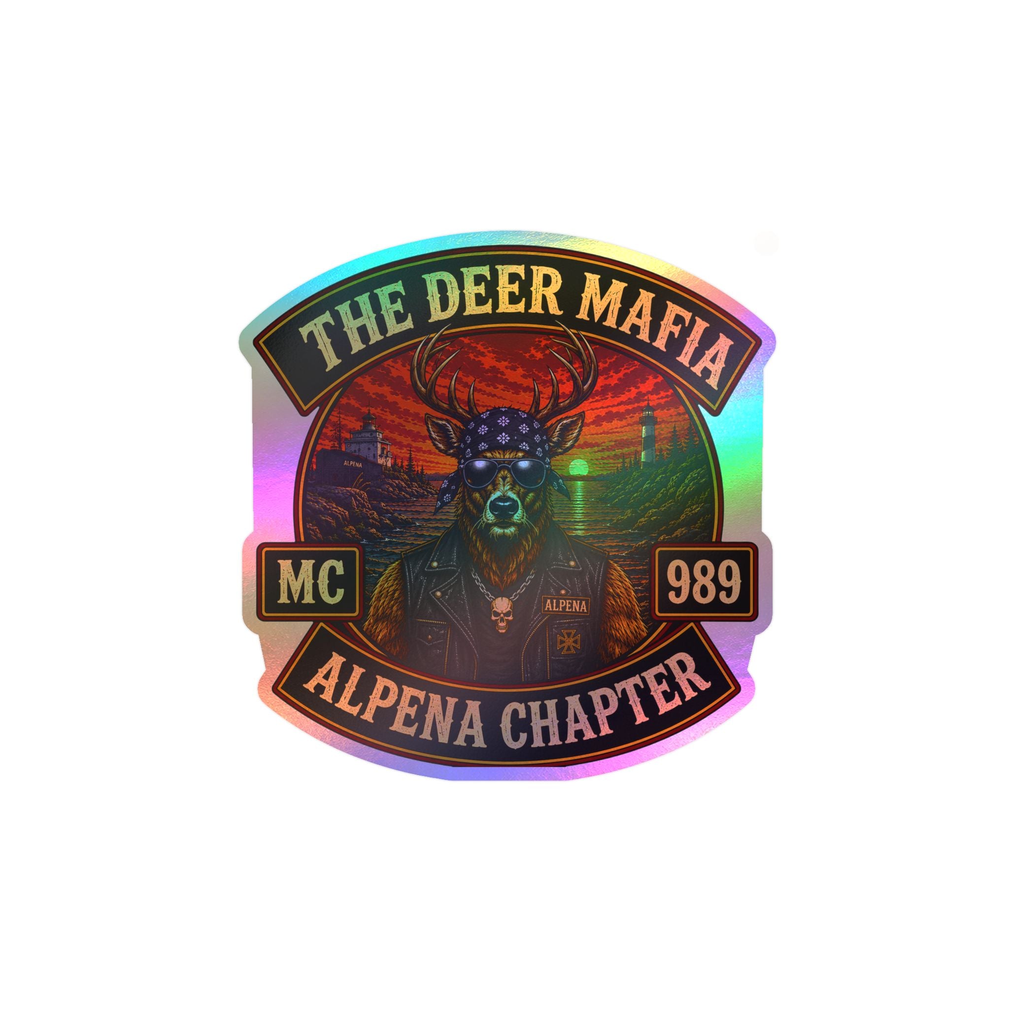 Deer Mafia Alpena Chapter Kiss-Cut Vinyl Decal — Biker Skull Emblem Sticker