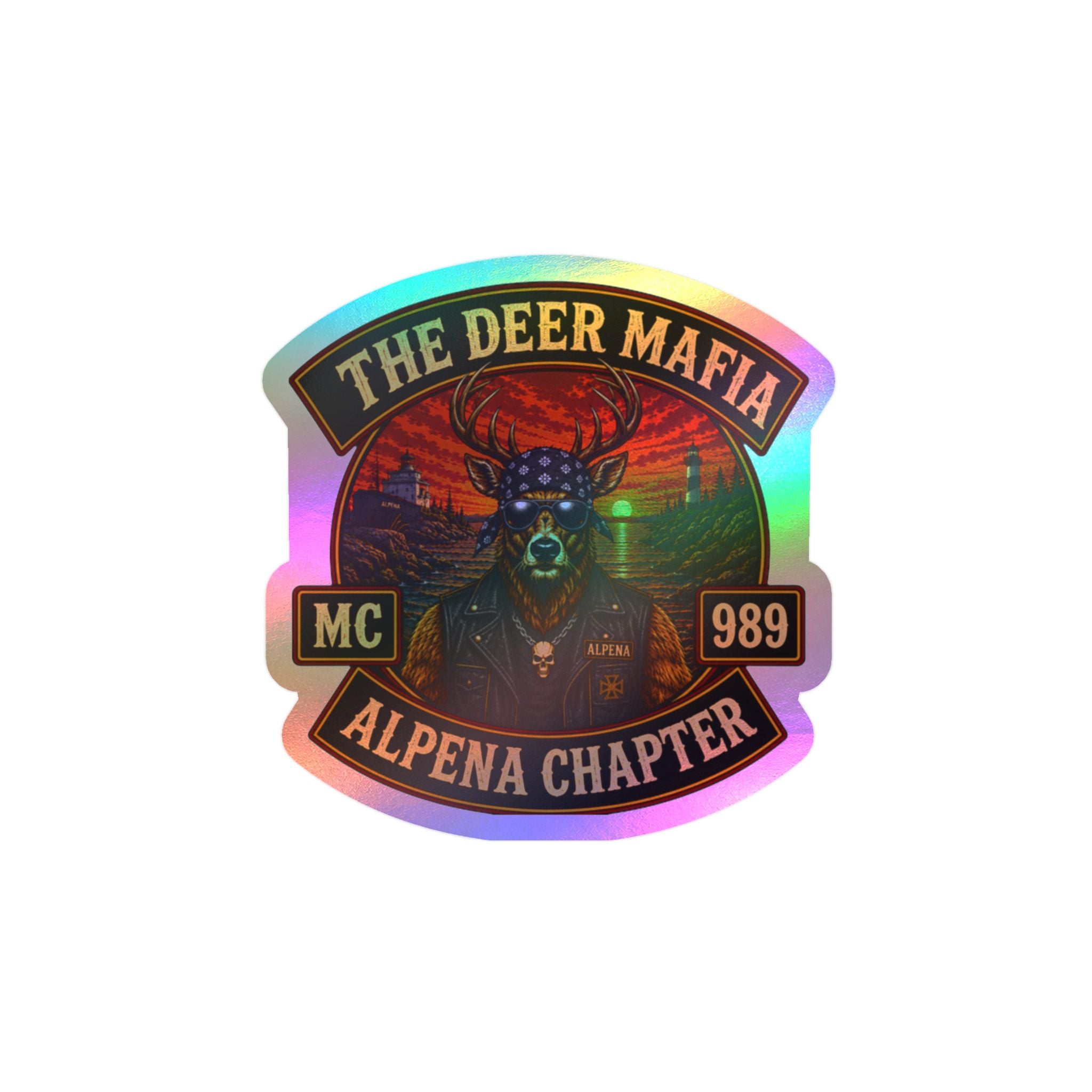 Deer Mafia Alpena Chapter Kiss-Cut Vinyl Decal — Biker Skull Emblem Sticker