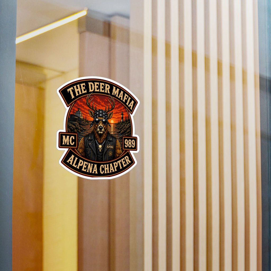 Deer Mafia Alpena Chapter Kiss-Cut Vinyl Decal — Biker Skull Emblem Sticker