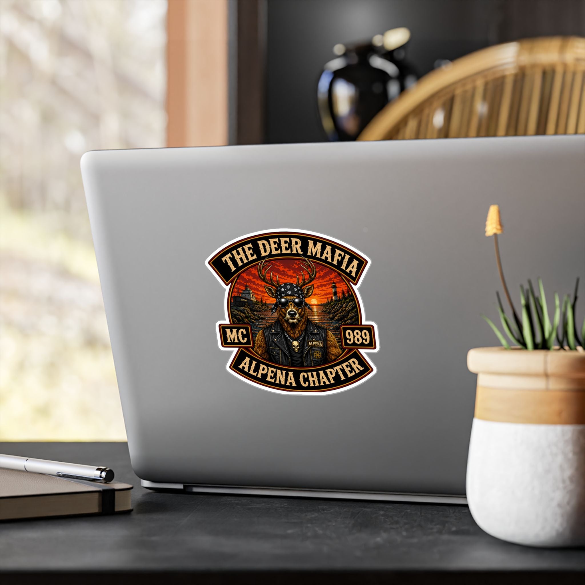 Deer Mafia Alpena Chapter Kiss-Cut Vinyl Decal — Biker Skull Emblem Sticker