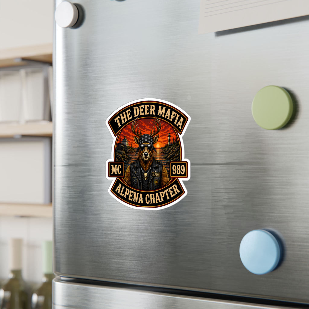 Deer Mafia Alpena Chapter Kiss-Cut Vinyl Decal — Biker Skull Emblem Sticker