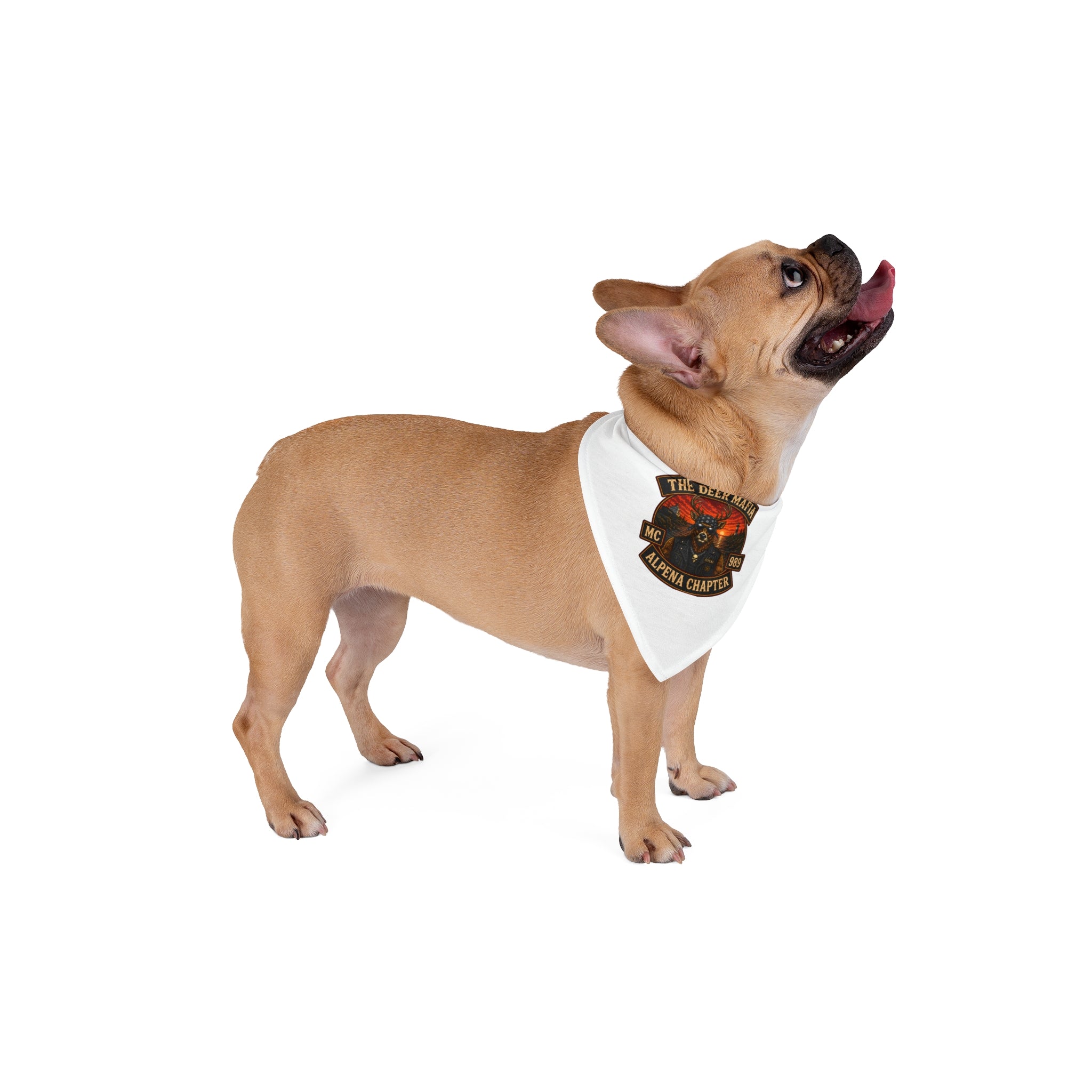 The Deer Mafia Alpena Chapter Pet Bandana — Rustic Deer Skull Motorcycle Patch Design for Dogs & Cats